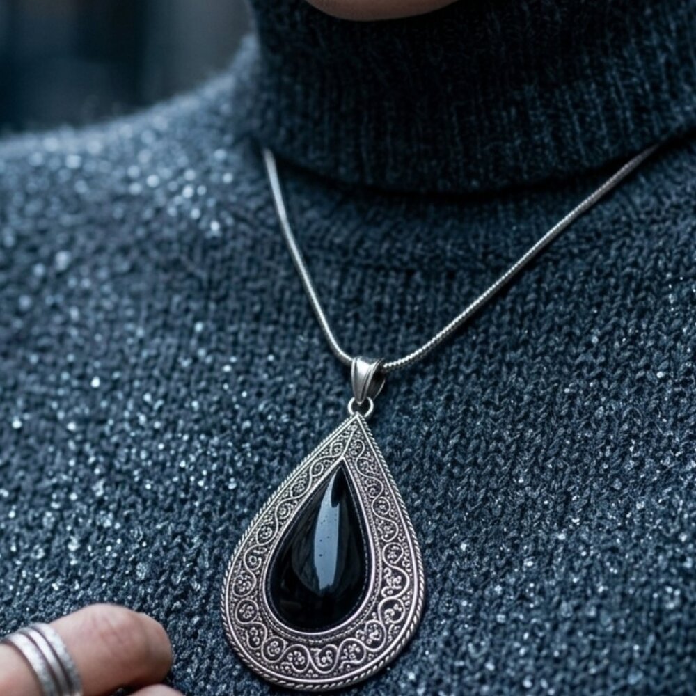 Boho Chic Silver & Black Necklace - Picture 3 of 5